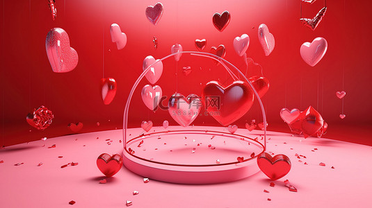 情人节主题 3D 渲染红水晶心礼盒和漂浮在粉红色圆圈背景上的星星
