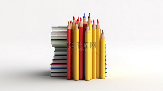 教育的象征性表现 一支铅笔的 3D 渲染，放置在白墙上堆放的书籍上