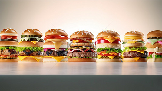汉堡背景图片_浅色背景上大量汉堡的真实 3D 插图