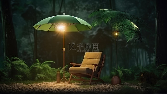 户外雨伞背景图片_夜间户外森林环境中带雨伞的躺椅的 3D 插图