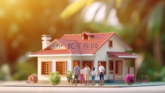 爸爸妈妈孩子背景图片_印度家庭与印度房地产 3D 纸质模型合影