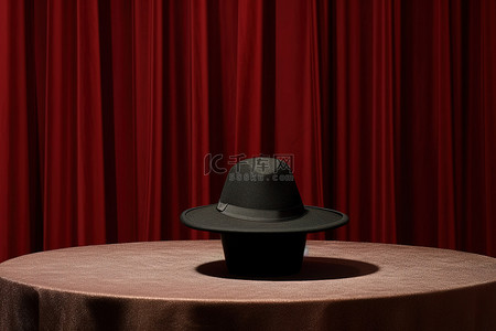 红色的帽子背景图片_桌子上放着一顶魔术师的帽子，桌子上有红色条纹的窗帘