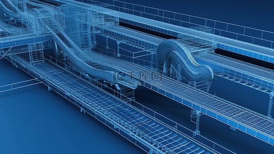 蓝色背景以带有比例的 3D 渲染中的输送线蓝图为特色