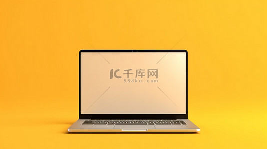 黄色背景和空白屏幕的笔记本电脑的 3D 插图