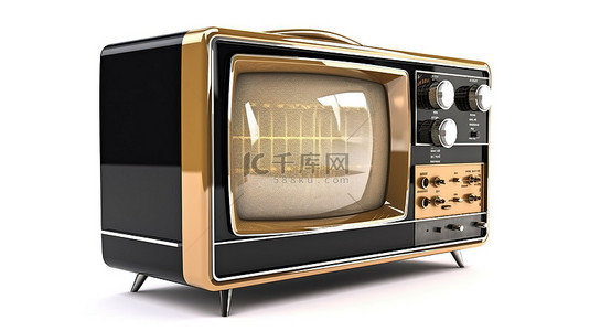 孤立的白色背景以 3D 渲染展示了经典的金色和黑色电视