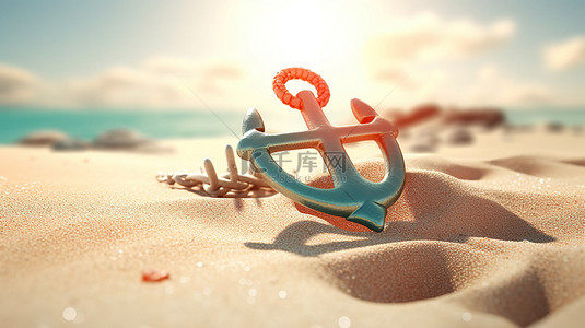 阳光明媚的海滩的 3D 渲染，沙滩上航海锚和救生圈的极端特写
