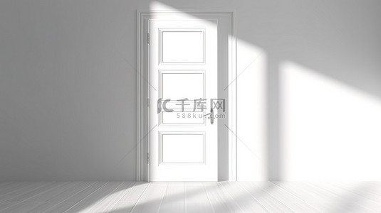 白色门关闭在白色背景上，带有 3D 渲染的阳光和阴影