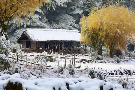 雪中森林背景图片_安徽雪中的乡村小屋