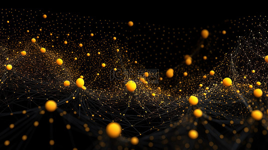 在 3d 渲染的黑色背景上形成复杂网络的抽象黄点