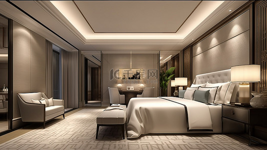 现代酒店套房设有豪华 3D 渲染卧室