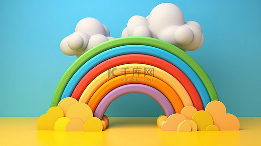 卡通彩虹与太阳和云的 3d 渲染