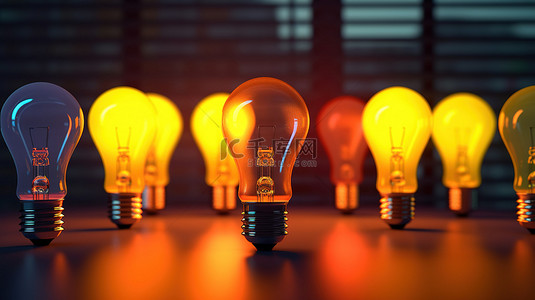 许多代表非凡创新和独特想法的单个发光灯泡 3D 渲染