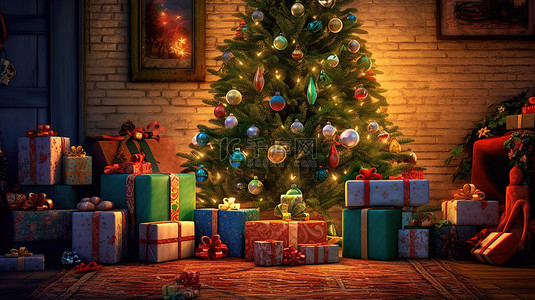 圣诞快乐背景背景图片_节日树下圣诞礼物的 3d 渲染