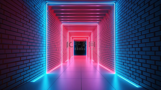 在未来派科幻场景 3d 渲染中，白色砖房被发光的粉红色和蓝色霓虹灯激光改造