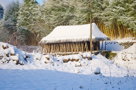冬天竹子背景图片_白雪覆盖的山坡上的竹屋