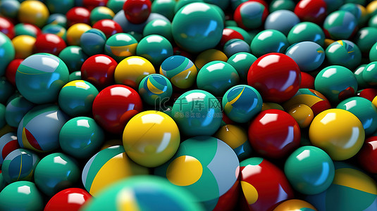 红黄色黄色背景图片_抽象插图的特写 3D 渲染，以蓝绿红和黄色的圆圈和球为特色