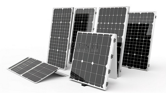 白色背景单晶多晶和薄膜光伏电池发电的 3D 渲染中的多种太阳能电池板类型