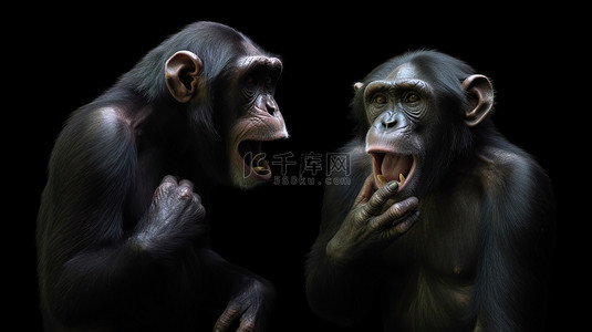 闭着眼睛背景图片_黑猩猩在 3D 中站立，在黑暗的背景下闭着嘴凝视