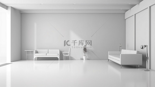 办公家具背景图片_现代室内装饰的 3D 渲染，配有空墙和时尚的白色办公家具