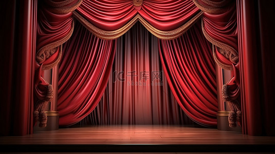 电影院舞台背景背景图片_舞台上电影院窗帘的经典窗帘模板 3D 渲染插图