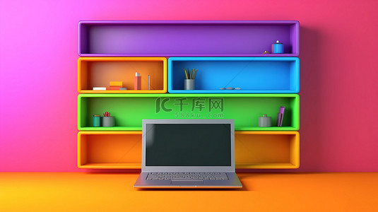 笔记本电脑场景背景图片_带有方形背景配有笔记本电脑的彩虹架子的 3D 插图