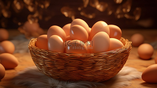 一篮子棕色鸡蛋令人惊叹的 3D 渲染