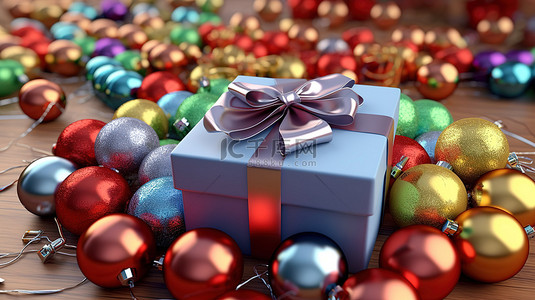 3d 节日欢呼圣诞节和新年的节日庆祝活动，配有球丝带和礼品盒