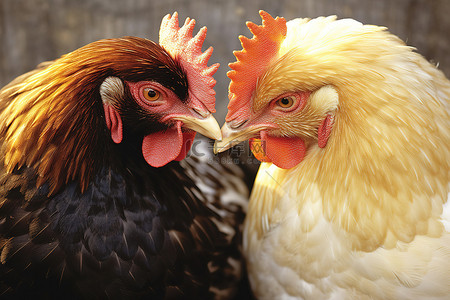 两只头和脸呈棕褐色的鸡互相看着