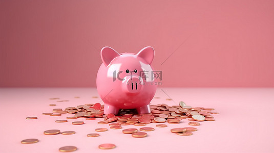 3D 渲染的卡通手将硬币存入粉红色的存钱罐，说明省钱的概念