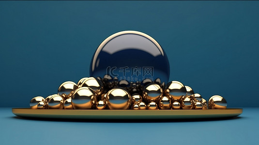 球形装饰背景图片_雕塑般的蓝色和金色 3D 圆柱支架，带有球形装饰