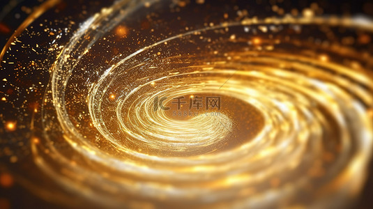 闪闪发光的星尘 3D 插图与抽象漩涡和金色闪光圆圈