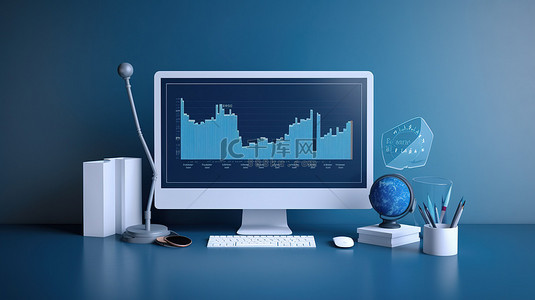 在线营销的商业成功 3D 渲染计算机和蓝色背景与增长目标