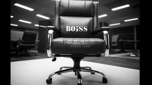 白色背景 3D 渲染中放置在黑色皮革办公椅上的纸张上的巨型老板消息