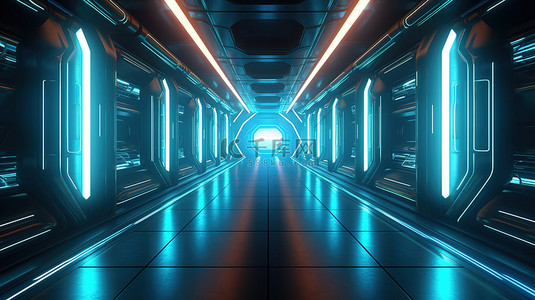 led背景图片_带有霓虹灯激光束和发光线 3D 渲染插图的未来通道网络科幻走廊