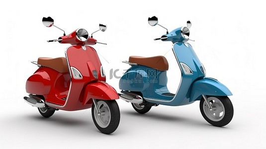 摩托车背景图片_带有红色和蓝色滑板车的白色背景的 3D 插图