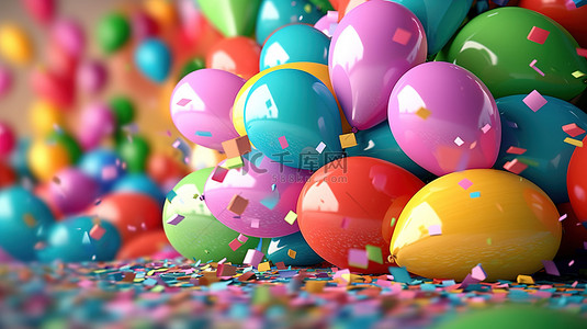 带有气球丝带和生日留言的庆祝背景的 3D 插图