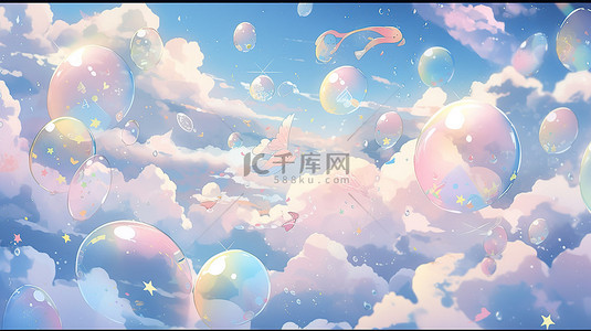 柔和的彩虹天空与云气泡和星星 3d 渲染壁纸