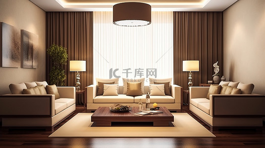 奶油色沙发背景图片_奶油色和棕色优雅的深色木家具和布沙发在 3D 渲染中呈现出华丽的客厅