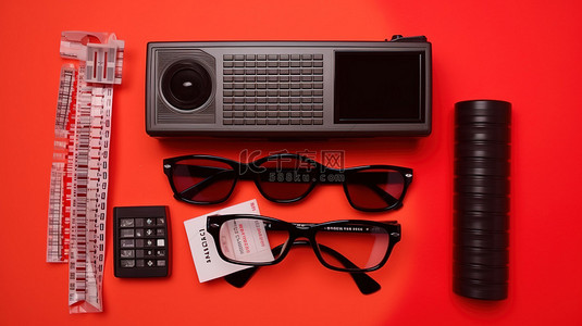 红色背景顶视图电影拍板3D眼镜录像带和电视遥控器