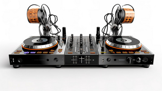 干净的白色背景上带耳机的 DJ 转盘的 3D 渲染