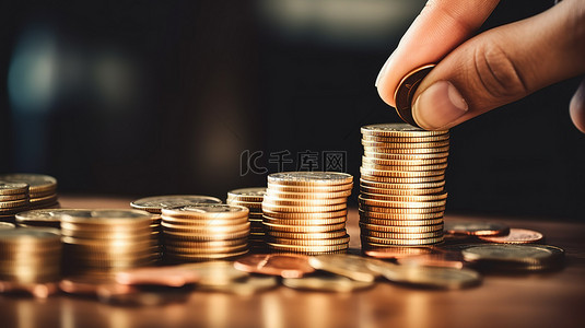 手金融背景图片_增加财富 3D 插图手添加硬币到不断增长的钱堆