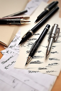 笔记本商务背景图片_钢笔铅笔纸和笔记本，固定有商务书写