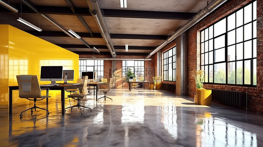 公司风格背景图片_开放式工业风格办公室内部的 3D 渲染