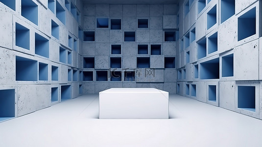 白色立方体背景图片_蓝色蓝宝石水泥墙设计背景与 3D 渲染中的空白色立方体盒