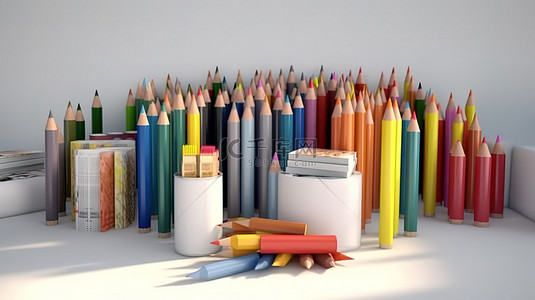 铅笔和书籍的 3D 排列，白墙上的教育插图