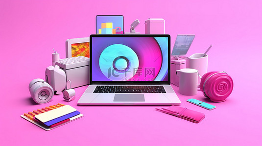 电脑背景图片_粉红色背景 3D 渲染中充满活力的科技配件造型笔记本电脑