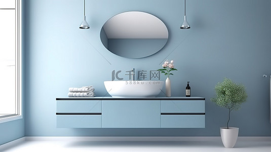 宽敞的 3D 渲染浴室配有干净的台面洗脸盆和浅蓝色橱柜