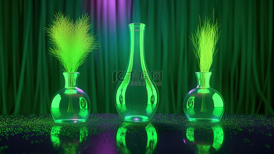 抽象背景以霓虹灯闪亮的玻璃为特色，三个花瓶装满了以 3d 呈现的草铃