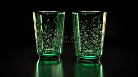 金属绿水和牛奶杯，带有薄片 3d，在黑色背景上特写渲染