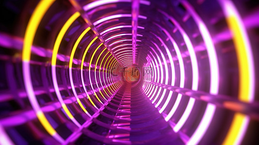 科技感装饰条背景图片_3D 渲染插图通过带有紫色条和黄色环的隧道的壮观飞行